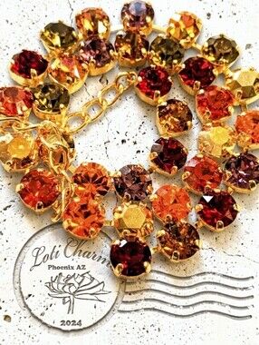 Swarovski Crystal Autumn Harvest Colors: Red, Orange, Yellows In Gold Necklace